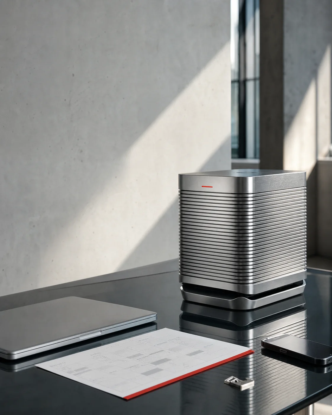A brushed-aluminium workstation on a desk beside paper documents